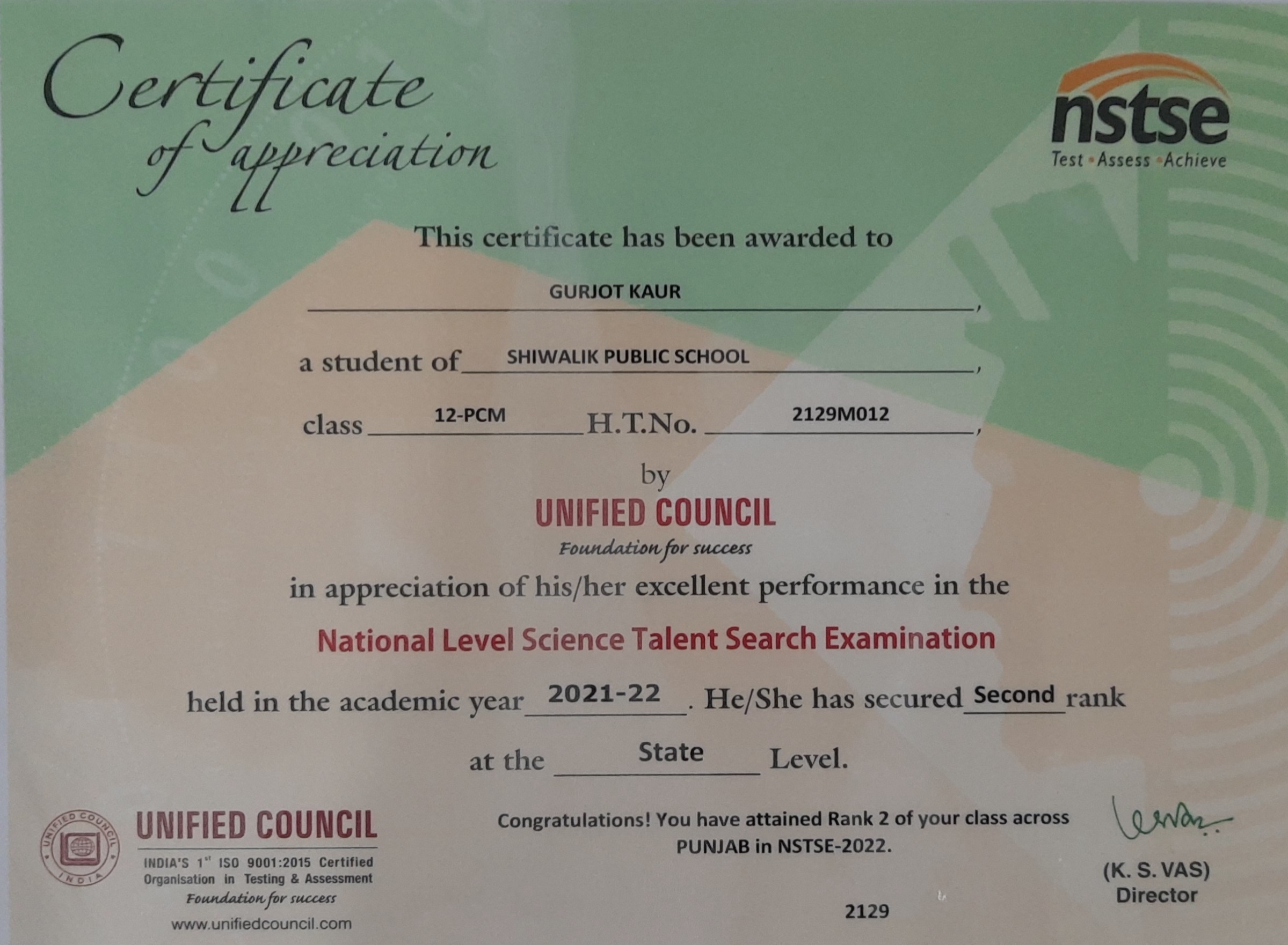 NSTSE certificate